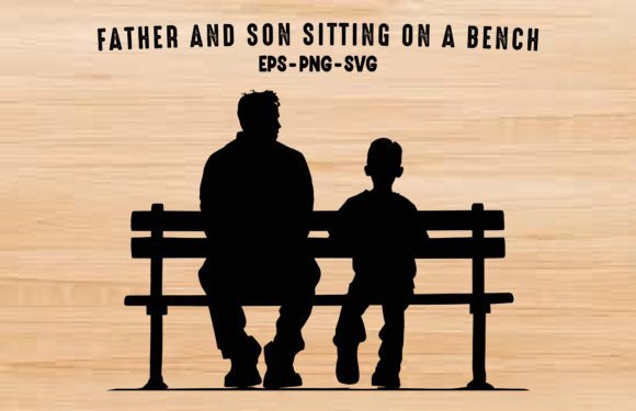 Dad and Son Sitting on Bench Silhouette Graphics