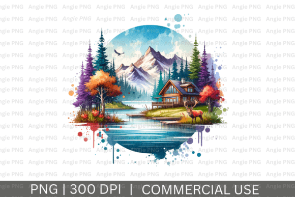 Watercolor Lake Cabin Mountains PNG for Crafts and Graphics